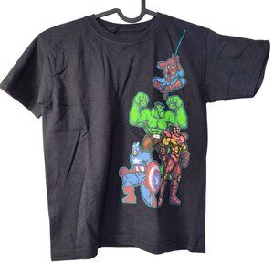 Marvel Kids Black T-Shirt With Pixel Art Avengers Characters Size 8